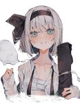  1girl absurdres black_hairband black_ribbon blue_eyes collarbone flat_chest grey_hair hair_ribbon hairband highres hitodama konpaku_youmu konpaku_youmu_(ghost) looking_at_viewer open_clothes open_mouth open_shirt ribbon shirt short_hair simple_background solo sweat touhou tsune_(tune) upper_body white_background white_shirt 