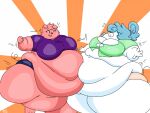 1_eye 2018 3_toes 4:3 4_fingers anthro barefoot batspid2 belly_bump big_breasts big_butt biped black_eyes blue_clothing blue_hair bottomwear breasts butt cel_shading cleavage cleavage_overflow clothed clothing curled_tail digital_drawing_(artwork) digital_media_(artwork) domestic_pig duo emanata eyebrows eyelashes feet female fingers flash_emanata green_clothing hair huge_belly huge_breasts huge_butt huge_thighs humanoid hyper hyper_butt hyper_hips hyper_thighs looking_at_another love_handles machine mammal midriff morbidly_obese morbidly_obese_anthro morbidly_obese_female motion_lines mouthless obese obese_anthro obese_female overweight overweight_anthro overweight_female pink_body pink_skin purple_clothing robot shaded shirt signature simple_background smile standing suid suina surprised_expression sus_(pig) tail tan_clothing teeth thick_thighs tight_clothing toes topwear white_body white_skin 