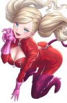  1girl :d ass blonde_hair blue_eyes bodysuit breasts cat_tail cleavage earrings full_body gloves hair_ornament hairclip highres jewelry large_breasts looking_at_viewer masatoshi_1219 open_mouth persona persona_5 purple_gloves red_bodysuit simple_background smile solo stud_earrings swept_bangs tail takamaki_anne twintails white_background zipper 