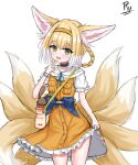  1girl :d absurdres animal_ear_fluff animal_ears arknights blonde_hair blue_ribbon blush collarbone collared_shirt commentary cowboy_shot dress english_commentary finger_to_mouth fox_ears fox_girl fox_tail frilled_dress frills hair_rings hairband hand_up highres kitsune looking_at_viewer multicolored_hair neck_ribbon official_alternate_costume orange_dress orange_hairband puffy_short_sleeves puffy_sleeves ribbon rylaera shirt short_sleeves signature simple_background skirt_hold sleeveless sleeveless_dress smile solo standing suzuran_(arknights) suzuran_(let&#039;s_carnival!)_(arknights) tail two-tone_hair white_background white_hair white_shirt 