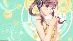  1girl artist_request bare_arms bare_shoulders blue_eyes brown_hair character_request copyright_request glasses headphones long_hair looking_at_viewer nail_polish non-web_source shirt solo source_request twintails upper_body yellow_shirt 