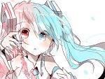  1girl :o bare_shoulders blue_eyes blue_hair blue_nails blush commentary_request detached_sleeves falling_petals frilled_shirt_collar frills hair_between_eyes hair_ornament hand_up hatsune_miku heterochromia light_blue_hair long_hair looking_at_viewer multicolored_hair nail_polish necktie parted_lips petals pink_eyes pink_hair pink_nails shirt simple_background sleeveless sleeveless_shirt solo split-color_hair split_theme symbol-shaped_pupils tears twintails two-tone_hair upper_body vocaloid white_background xxxx_saki 