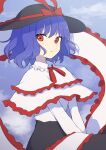  144udy 1girl absurdres black_headwear black_skirt blue_hair bow capelet cloud commentary frilled_capelet frills hat hat_bow highres long_sleeves looking_at_viewer nagae_iku outdoors purple_hair red_bow red_eyes shirt short_hair skirt solo touhou white_capelet white_shirt 