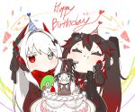  2girls alpha_(punishing:_gray_raven) black_dress black_hair black_jacket cake doll dress fake_horns food fork gradient_hair grey_eyes hair_ornament hair_over_eyes happy_birthday hat headgear headphones heterochromia holding holding_doll holding_fork horns jacket long_hair lucia:_crimson_abyss_(punishing:_gray_raven) lucia:_plume_(punishing:_gray_raven) lucia_(punishing:_gray_raven) luna:_laurel_(punishing:_gray_raven) luna_(punishing:_gray_raven) mechanical_arms multicolored_hair multiple_girls myam_(123ab456c) necktie party_hat punishing:_gray_raven red_eyes red_hair red_necktie red_scarf scarf sidelocks streaked_hair stuffed_toy white_hair x_hair_ornament 