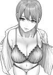  1girl bra breasts chainsaw_man cleavage closed_mouth expressionless from_above greyscale head_tilt highres huge_breasts makima_(chainsaw_man) monochrome nagi_hikaru navel nostrils open_clothes open_shirt ringed_eyes sidelocks solo underwear 