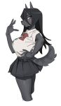  anthro big_breasts black_hair blue_eyes blush breasts canid canine canis clothing curvy_figure dress female grey_body hair hi_res hutomayuu mammal posed solo thick_thighs wolf 