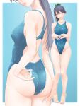  1girl ass black_eyes black_hair blue_one-piece_swimsuit breasts commentary_request commission competition_swimsuit groin highleg highleg_swimsuit highres houshou_(kancolle) kantai_collection medium_breasts one-piece_swimsuit ponytail skeb_commission swimsuit tiptoes wet yuichi_(sp_sakura_yoshi) 