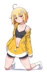 1girl :o absurdres ahoge bare_shoulders black_knife_assassin black_shorts black_sports_bra blonde_hair blunt_bangs blush breasts coat collarbone commentary_request egg_hair_ornament eggman_(pixiv28975023) food-themed_hair_ornament fork_hair_ornament hair_ornament hairclip highres hood hoodie kneeling long_hair long_sleeves looking_at_viewer medium_hair navel off_shoulder open_mouth original shorts simple_background small_breasts socks sports_bra underwear white_background white_socks yellow_coat yellow_eyes 