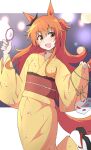  1girl animal_ears blurry blurry_background blush breasts commentary_request fish hair_ornament highres holding horse_ears horse_girl horse_tail japanese_clothes kimono long_hair long_sleeves mayano_top_gun_(umamusume) nel-c night open_mouth orange_eyes orange_hair small_breasts socks solo standing standing_on_one_leg tabi tail umamusume white_socks yukata zouri 