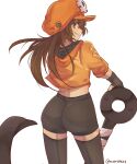 1girl absurdres anchor anchor_symbol artist_name ass black_gloves black_shorts brown_eyes brown_hair closed_mouth fingerless_gloves from_behind gloves guilty_gear guilty_gear_strive hat highres hood hoodie long_hair looking_at_viewer looking_back may_(guilty_gear) mil17459623 orange_headwear orange_hoodie shorts simple_background smile solo thighhighs twitter_username white_background 