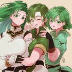  3girls age_progression annand_(fire_emblem) belt black_belt black_gloves breasts brown_background detached_sleeves dress earrings fee_(fire_emblem) fingerless_gloves fire_emblem fire_emblem:_thracia_776 floating_hair gloves green_eyes green_hair green_shirt grey_nails hair_behind_ear hand_on_another&#039;s_arm highres hoop_earrings jewelry karin_(fire_emblem) large_breasts long_finger long_hair looking_at_viewer medium_breasts multiple_girls one_eye_closed open_mouth shirt short_hair signature smile ta_dasu_(tadasu_hayashi) v white_dress 