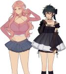  2girls absurdres black_choker black_dress black_hair black_socks blue_eyes bra breasts choker cleavage crop_top dress ensemble_stars! genderswap genderswap_(mtf) grey_skirt heterochromia highres itsuki_shu kagehira_mika long_hair lummy_yummy multiple_girls pink_hair pink_shirt purple_eyes shirt short_bangs short_hair skirt socks underwear wavy_hair white_background white_bra yellow_eyes 