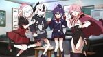  4girls aru_(blue_archive) black_horns blue_archive bocchi_the_rock! coat coat_on_shoulders demon_horns fur-trimmed_coat fur_trim garrison_cap hairband halo haruka_(blue_archive) hat horns jumping kayoko_(blue_archive) multicolored_hair multiple_girls mutsuki_(blue_archive) neck_ribbon no_wings pangtanto pencil_skirt pink_hair problem_solver_68_(blue_archive) purple_hair purple_hairband purple_halo red_halo ribbon scene_reference side_ponytail skirt smile 