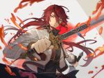  1boy aaron_wei ahoge aura black_shirt commentary_request cropped_jacket dual_wielding eiyuu_densetsu fire grey_background hair_between_eyes holding holding_sword holding_weapon jacket kuro_no_kiseki long_hair looking_at_viewer red_hair shirt signature smile solo swept_bangs sword tassel weapon white_jacket youmicitrustea 