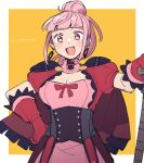  1girl axe blush border breasts brown_cape cape cleavage commentary do_m_kaeru dress earrings fire_emblem fire_emblem:_three_houses fire_emblem_warriors:_three_hopes gloves hair_bun hand_on_own_hip hilda_valentine_goneril holding holding_axe holding_weapon hoop_earrings jewelry looking_at_viewer official_alternate_costume official_alternate_hairstyle open_mouth pink_dress pink_eyes pink_hair red_dress red_gloves simple_background single_hair_bun smile solo twitter_username two-tone_dress weapon white_border yellow_background 