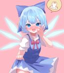  1girl :d absurdres bad_arm bad_perspective blue_bow blue_dress blue_eyes blue_hair blunt_bangs blush bow bowtie cheek_pinching cirno dress flat_chest full-face_blush glowing glowing_wings hair_bow hand_on_own_face hand_up highres ice ice_wings lifted_by_self looking_at_viewer mikan_(manmarumikan) open_mouth pinching pink_background puffy_short_sleeves puffy_sleeves red_bow red_bowtie short_hair short_sleeves simple_background skirt_hold smile solo spoken_object touhou wings 
