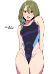  1girl artist_name baba_arumi bare_shoulders blue_eyes breasts competition_swimsuit dated green_hair groin long_hair mole mole_under_eye one-piece_swimsuit open_mouth original simple_background solo swimsuit teeth tongue white_background 