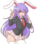  1girl ;d animal_ears bright_pupils collared_shirt commentary crescent crescent_pin index_finger_raised long_hair long_sleeves looking_at_viewer miniskirt mizusoba necktie one_eye_closed open_mouth pink_skirt purple_hair rabbit_ears rabbit_girl red_eyes red_necktie reisen_udongein_inaba shirt skirt smile solo thighhighs touhou white_pupils white_shirt white_thighhighs zettai_ryouiki 