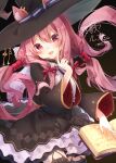  1girl animal_ear_fluff animal_ears black_dress black_headwear cat_ears dress ears_through_headwear hair_ribbon hat heripiro highres indie_virtual_youtuber key long_hair looking_at_viewer meika_ruka pink_eyes pink_hair ribbon smile solo striped striped_ribbon twintails very_long_hair virtual_youtuber wide_sleeves witch_hat 