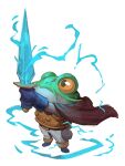  1boy aura cape chrono_trigger colored_sclera commentary frog frog_(chrono_trigger) garrett_hanna glowing glowing_sword glowing_weapon holding holding_sword holding_weapon simple_background solo standing sword weapon white_background yellow_eyes yellow_sclera 