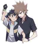  2boys arm_up ash_ketchum black_gloves black_hair black_shirt brown_eyes brown_hair clenched_hand collared_shirt commentary_request fingerless_gloves gary_oak gloves green_eyes highres jacket jewelry male_focus multiple_boys necklace open_mouth parted_lips pokemon pokemon_(anime) pokemon_dppt_(anime) purple_wristband shirt short_hair spiked_hair sweatdrop t-shirt tuze111 upper_body white_background 