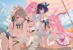  4girls :d absurdres ai_dongdong animal_ears bare_shoulders barefoot beach beach_mat beach_umbrella bikini bikini_skirt blue_butterfly blue_eyes blue_hair blue_sky bob_cut breasts brown_hair bug butterfly cleavage closed_mouth cloud cloudy_sky dress elf elysia_(honkai_impact) elysia_(miss_pink_elf)_(honkai_impact) fishnet_pantyhose fishnets food fork fox_ears frilled_bikini frilled_one-piece_swimsuit frills fruit grin hair_over_one_eye highres holding holding_food holding_fork honkai_(series) honkai_impact_3rd large_breasts leaning_forward long_hair maid maid_headdress multiple_girls navel nurse one-piece_swimsuit open_mouth orange_(fruit) outdoors pantyhose pink_hair pointy_ears purple_eyes rita_rossweisse rita_rossweisse_(phantom_iron) sand seele_vollerei seele_vollerei_(swallowtail_phantasm) short_hair sky smile soles stomach sundress swimsuit teeth umbrella white_bikini white_dress white_headwear white_one-piece_swimsuit yae_sakura yae_sakura_(gyakushinn_miko) yellow_butterfly 