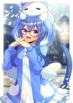  1girl :d animal_on_head black-framed_eyewear blue_hair blue_jacket blurry blurry_background cat commentary_request commission depth_of_field dress frilled_dress frilled_jacket frills glasses hair_between_eyes hands_up hood hood_up hooded_jacket interlocked_fingers jacket kou_hiyoyo long_hair long_sleeves low_wings mini_wings on_head original own_hands_together puffy_long_sleeves puffy_sleeves purple_eyes skeb_commission sleeves_past_wrists smile solo tail white_cat white_dress white_wings wings 