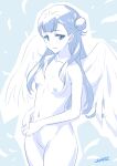  1girl angel_wings blue_background blue_eyes blue_hair blue_theme blush commentary_request feathered_wings feathers hair_bun hugtto!_precure joy_ride long_hair looking_at_viewer monochrome navel nipples nude precure ribs single_hair_bun smile solo wings yakushiji_saaya 