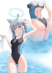  1girl :o absurdres adjusting_clothes adjusting_swimsuit animal_ear_fluff animal_ears arm_up ass back_cutout blue_archive blue_eyes blush breasts clothing_cutout covered_navel criss-cross_halter eternal1223 grey_hair groin halo halterneck highres holding holding_clothes holding_panties holding_underwear medium_breasts mismatched_pupils multiple_views one-piece_swimsuit open_mouth panties shiroko_(blue_archive) shiroko_(swimsuit)_(blue_archive) short_ponytail swimsuit thighs underwear wading water wet wolf_ears 