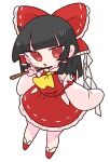  1girl ascot black_hair bow collared_shirt detached_sleeves frilled_bow frilled_hair_tubes frilled_shirt_collar frilled_skirt frills gohei hair_bow hair_tubes hakurei_reimu highres medium_hair op_na_yarou red_bow red_eyes red_footwear red_shirt red_skirt ribbon-trimmed_sleeves ribbon_trim shirt simple_background skirt skirt_set sleeveless sleeveless_shirt solo touhou white_background white_sleeves wide_sleeves yellow_ascot 