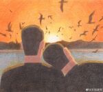  2boys absurdres bara beach bird couple crow dagou_(yuzhou_fei_gou) faceless faceless_male from_behind highres leaning_on_person leaning_to_the_side looking_away male_focus multiple_boys original painterly short_hair sunset upper_body yaoi 