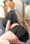  1girl alisa_southerncross black_serafuku black_shirt black_skirt blonde_hair border breasts cat_ear_hairband commentary english_commentary from_side highres keroro_gunsou large_breasts long_hair looking_at_viewer looking_to_the_side midriff ozzyart_0221 parted_lips pleated_skirt red_eyes school_uniform serafuku shirt short_sleeves signature sitting skirt solo thighs twintails twitter_username white_border 