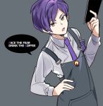  1boy apron blue_apron collared_shirt commentary_request english_text grey_background hand_on_own_hip holding lobotomy_corporation lobotomy_corporation_logo long_sleeves male_focus medu_(rubish) necktie open_mouth project_moon purple_armband purple_hair purple_necktie shirt short_hair simple_background solo speech_bubble white_shirt yellow_eyes yesod_(project_moon) 
