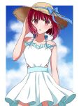  1girl annu7 arima_kana arm_up bare_shoulders blue_bow blue_ribbon blush bob_cut border bow clothing_cutout cloud collarbone commentary cowboy_shot floating_hair hat hat_bow hat_ribbon highres inverted_bob open_mouth oshi_no_ko pleated_skirt red_eyes red_hair ribbon shirt side_cutout skirt sky solo spaghetti_strap straw_hat sun_hat white_border white_shirt white_skirt 