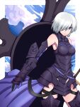  1girl armor armored_dress black_dress blue_cape blue_eyes blue_gloves blue_sky breasts cape closed_mouth cloud commentary_request cowboy_shot dress elbow_gloves fate/grand_order fate_(series) frown gauntlets gloves hair_between_eyes hair_over_one_eye highres kuri_dora long_bangs looking_at_viewer mash_kyrielight medium_breasts o-ring short_hair sky solo sword waist_cape weapon white_hair 