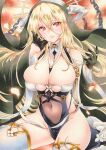  1girl azur_lane between_breasts black_gloves blonde_hair breast_cutout breasts chain covered_navel fake_horns gloves habit hair_between_eyes half_gloves highres horns implacable_(azur_lane) large_breasts long_bangs long_hair looking_at_viewer nun pelvic_curtain red_eyes revealing_clothes saya_pr sitting solo thighhighs traditional_media two-tone_dress veil very_long_hair white_horns white_thighhighs 