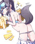  1girl ? absurdres accidental_exposure animal_ears ass bare_shoulders black_hair blue_archive blue_eyes blush bottomless breasts cheerleader clothes_pull crop_top dog_ears dog_girl dog_tail from_behind goggles goggles_on_head halo hibiki_(blue_archive) hibiki_(cheer_squad)_(blue_archive) highres hoduochil holding holding_pom_poms looking_at_viewer looking_back millennium_cheerleader_outfit_(blue_archive) official_alternate_costume panties panty_pull pom_pom_(cheerleading) ponytail simple_background skirt skirt_pull small_breasts solo standing star_sticker sticker_on_face sweat tail underwear wardrobe_malfunction white_background white_panties white_skirt yellow_halo 