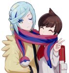  2boys backpack bag bbhdrrr blush brown_hair closed_eyes closed_mouth cowlick eyelashes florian_(pokemon) frown green_hair grusha_(pokemon) hand_up highres jacket long_sleeves male_focus multiple_boys necktie one_eye_closed poke_ball_print pokemon pokemon_(game) pokemon_sv red_necktie scarf shared_clothes shared_scarf shirt short_hair simple_background smile striped striped_scarf upper_body v white_background white_shirt yellow_jacket 