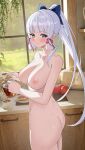  1girl absurdres apple ass blue_eyes bow breasts completely_nude counter cup food fruit genshin_impact hair_bow hair_ribbon high_ponytail highres holding holding_teapot indoors jumonji kamisato_ayaka kitchen large_breasts long_hair mole mole_under_eye nipples nude plate pouring ribbon sidelocks solo tea teacup teapot tress_ribbon very_long_hair white_hair window 