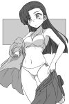  1girl :o ass_visible_through_thighs asymmetrical_bangs bangs bikini bikini_under_clothes breasts clothes_pull commentary girls_und_panzer greyscale halterneck highres jacket_pull leg_up long_hair medium_breasts monochrome navel nishi_kinuyo pulled_by_self renshiu school_uniform side-tie_bikini_bottom skirt skirt_pull socks solo standing standing_on_one_leg straight_hair swimsuit undressing 
