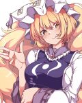  1girl absurdres animal_ears blonde_hair blush breasts closed_mouth dress fox_ears fox_tail gokuu_(acoloredpencil) hair_between_eyes hat highres large_breasts long_sleeves looking_at_viewer mob_cap multiple_tails short_hair simple_background smile solo tabard tail touhou upper_body white_background white_dress white_headwear wide_sleeves yakumo_ran yellow_eyes yellow_tail 