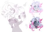  1girl ahoge bare_shoulders breasts briar_(league_of_legends) detached_sleeves grey_hair grin hair_over_one_eye highres league_of_legends long_hair luxey_san multicolored_hair multiple_views pink_hair pointy_ears sharp_teeth small_breasts smile teeth two-tone_hair white_hair 