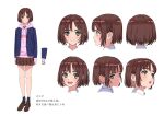  1girl black_socks blazer brown_hair concept_art green_eyes highres hood hoodie jacket legs light_smile loafers long_sleeves looking_at_viewer miniskirt multiple_views nishiya_yasushi open_clothes open_jacket original pink_hoodie pleated_skirt school_uniform shoes short_hair skirt smile socks standing 