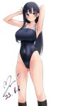  1girl absurdres arm_behind_head armpits arms_up ass_visible_through_thighs black_hair black_one-piece_swimsuit black_socks blush boku_no_kokoro_no_yabai_yatsu breasts bright_pupils brown_eyes closed_mouth commission competition_swimsuit covered_navel dated feet_out_of_frame groin highleg highleg_swimsuit highres kneehighs large_breasts long_hair looking_at_viewer mole mole_on_neck one-piece_swimsuit pixiv_commission signature simple_background smile socks solo split_mouth standing swimsuit taut_clothes taut_swimsuit very_long_hair white_background white_pupils yamada_anna yoo_tenchi 
