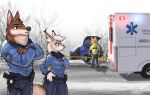  accident ambulance anthro canid canine canis clothing crash crossed_arms disney duo felid feline female grizzlygus holster lynx male male/female mammal paramedic partners police police_officer police_uniform psakorn_tnoi romantic romantic_couple russell_wolfson snow tammy_rys uniform wolf zootopia 