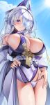  1girl absurdres asymmetrical_bangs azur_lane black_skirt blush breast_curtains breasts butterfly_over_eye clothes_lift collared_shirt commentary_request embarrassed fangwan grey_hair groin hair_over_one_eye highres horns japanese_clothes kimono kimono_lift large_breasts long_hair looking_at_viewer multicolored_hair obi off_shoulder panties panty_pull purple_eyes purple_hair sash shirt side_slit skindentation skirt solo streaked_hair thighs underbust underwear unzen_(azur_lane) white_kimono white_panties wide_sleeves 