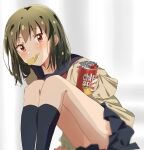  1girl arm_support black_sailor_collar black_skirt black_socks blurry blurry_background blush breasts brown_cardigan cardigan chip_star chips_(food) collarbone dot_nose food green_hair hand_up highres holding_snack ichigo_(berryberry_19) idolmaster idolmaster_million_live! idolmaster_million_live!_theater_days knees_up leaning_forward long_sleeves looking_at_viewer mouth_hold nagayoshi_subaru neckerchief pleated_skirt potato_chips reaching reaching_towards_viewer red_eyes red_neckerchief sailor_collar school_uniform serafuku short_hair sitting skirt sleeves_past_wrists small_breasts smile socks solo white_background 