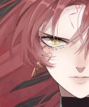  1girl absurdres close-up closed_mouth earrings grey_background highres honkai_(series) honkai_impact_3rd japanese_clothes jewelry long_hair looking_at_viewer murata_himeko murata_himeko_(vermillion_knight) red_hair simple_background solo upper_body v-shaped_eyebrows yellow_eyes zunda_kaku 