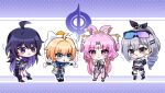 4girls :o ahoge animal_hood bare_shoulders black_footwear black_gloves black_shorts blonde_hair blue_eyes blue_hair blue_scarf blush bow-shaped_hair breasts chewing_gum chibi chinese_clothes closed_mouth colored_inner_hair crossed_bangs drill_hair english_commentary forehead_jewel fu_xuan_(honkai:_star_rail) full_body fur-trimmed_jacket fur_trim gloves goggles goggles_on_head hair_ornament hair_stick high_ponytail honkai:_star_rail honkai_(series) hood jacket long_hair lynx_landau multicolored_hair multiple_girls open_hands open_mouth parted_bangs pink_hair scarf seele_(honkai:_star_rail) shhonsr short_hair short_shorts shorts silver_wolf_(honkai:_star_rail) single_drill small_breasts streaked_hair twintails 