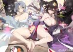  &gt;_&lt; 2girls absurdres animal_ears azur_lane bare_shoulders barefoot bird black_hair blue_eyes bow breasts chick cleavage cow_ears cow_girl cow_horns flower flying_sweatdrops grey_hair hair_bow hair_flower hair_ornament highres horns huge_breasts instrument japanese_clothes kashino_(azur_lane) kashino_(robust_floral_strings)_(azur_lane) kimono long_hair looking_at_viewer manjuu_(azur_lane) multiple_girls official_alternate_costume parted_lips prossss purple_eyes purple_kimono scroll senran_kagura shamisen short_hair toes white_bow white_flower white_kimono yumi_(senran_kagura) 